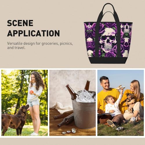 many Purple Rose Skull Print Tote Bag Adult Heavy Duty For Picnic Beach Camping Large Capacity Insulated Tote Bag2