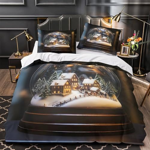 Parure de lit microfibre premium imprimée 3D Village de Noël haute résistance 135x200