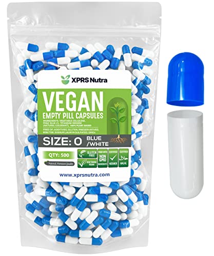 Image of XPRS Nutra Size 0 Empty Capsules - 500 Count Empty Vegan Capsules - Vegetarian Pills - DIY Vegetable Capsule Filling - Veggie Pill Caps for Do-It-Yourself Supplements (Blue /White)