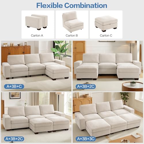 Image of TEKAMON 100 inch Modular Sectional Sofa with Seats Storage, L Shaped Couch with Movable Ottoman for Living Room, Couch with Chaise, Solid Wood Frame, Spring Cushions, USB Port, Removable Covers, Beige