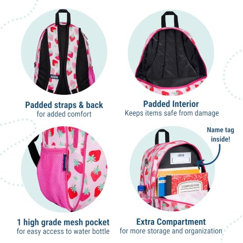 Image of Wildkin 15 Inch Backpack for Kids, Strawberry | Ages 5-10, padded straps, side water bottle pocket - coordinates with matching Wildkin lunch boxes and water bottles
