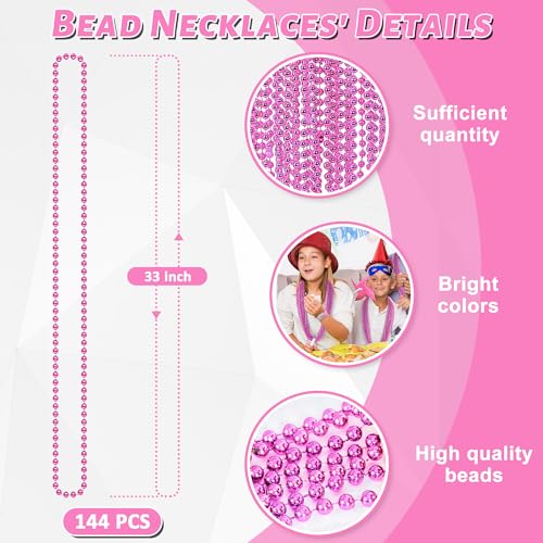 Image of EOBOH 144PCS Bead Necklace, Metallic Pink Mardi Gras Rose Necklaces Bulk, 33 inch Mardi Gras Round Beaded Necklace Stuff, Festival Parade Throw Accessories Wedding Gender Reveal Party Supplies Decor