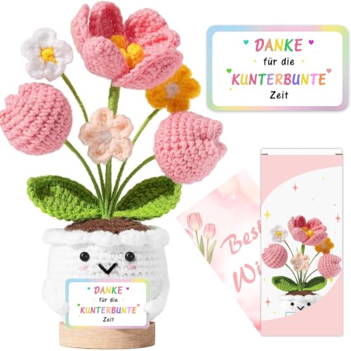 Erzieherin Geschenk Dankeschön Geschenke Abschiedsgeschenk Erzieherin Handgemachte gehäkelte rosa Tulpen mit Energiekarte Geschenke zum Abschied Kita Kindergarten