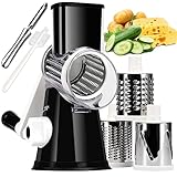 KEOUKE Rotary Cheese Grater with Handle Vegetable Cheese Shredder Slicer Grater for Kitchen 3 Changeable Blades for Cheese Potato Zucchini Nuts Chocolate - Black