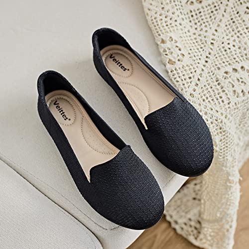 Veittes Women's Loafer Wide Width Flats Shoes, Breathable Soft Ladies Slip On Knitted Ballet Shoes.(2205003-2,02Bk/Fk,8.5W) #TOP3