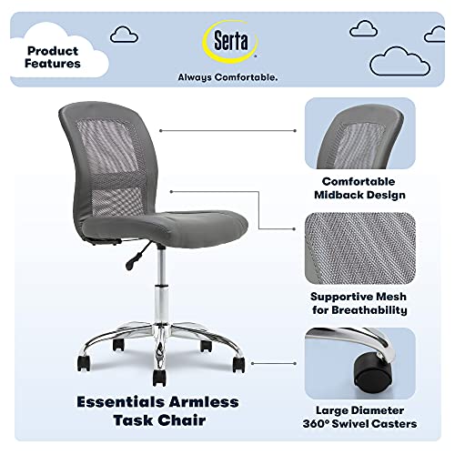 Serta Essential Mesh Low-Back Computer Desk Task Chair With No Arms For Home Office Or Conference Room, Faux Leather, Gray #TOP1