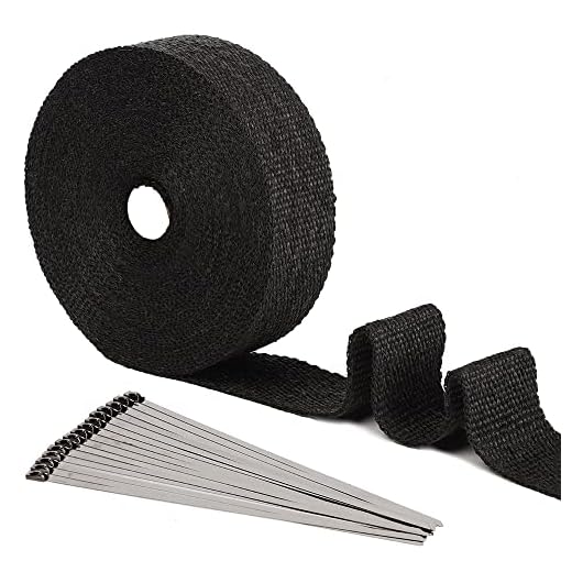 Smarcy Rollo de Cinta de Fibra anticalórica para Tubos de Escape de Motocicleta 15M x 5CM, 15 Pcs Bridas, Aislamiento para enrollar colector de Escape de Moto, Color Negro