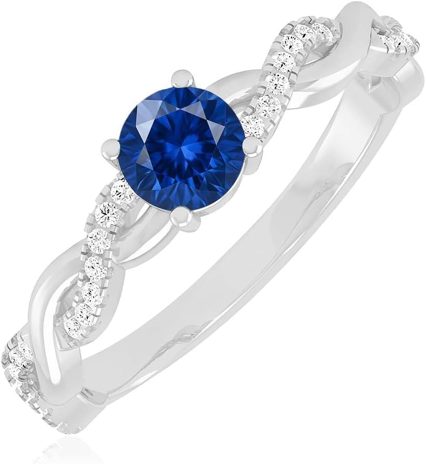Natural Blue Sapphire Ring for Women in 14K Gold or 925 Sterling Silver | Round Blue Gemstone with Lab-Grown Diamond Accents | Twisted Infinity September Birthstone Promise or Anniversary Ring | Fine Jewelry Gift