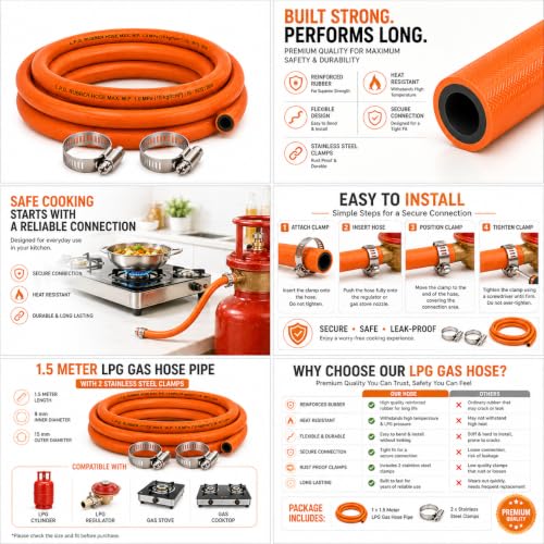 Image of 1.5 Meters ISI Certified LPG Hose Pipe for Stove with Reinforced Steel Wire Flame Resistant with Clamp for Hp /Indane /Bharatgas Gas Recommended uncut Customized Length