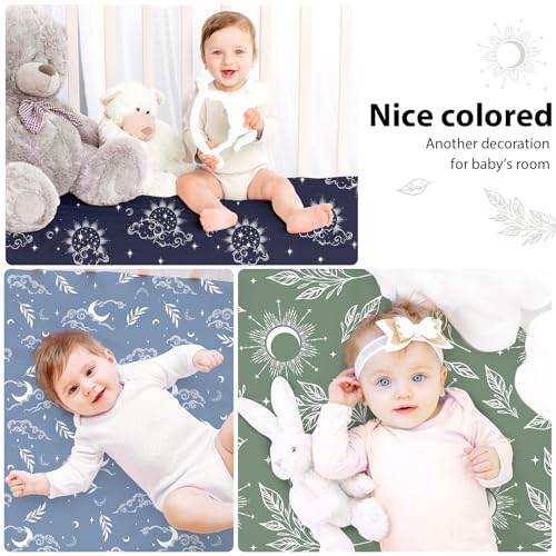 Image of Baby Crib Sheets for Boys and Girls, 3 Pack Fitted Toddler Bed Sheets Neutral for 52 inchx28 inch Standard Crib and Toddler Mattresses, Super Soft Microfiber Green Starry Sky