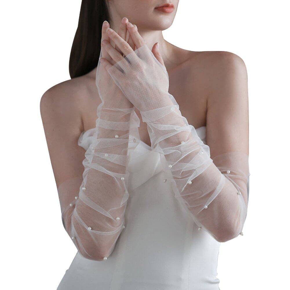 Danlai Women's White Long Tulle Bridal Gloves With Pearls - Opera Length Wedding Lace Arm Sleeve For Bride