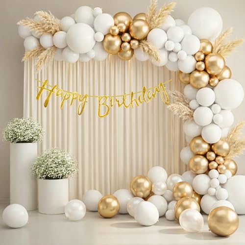 Image of Happy Birthday Decoration Kit for Kids Men Women Tweens Home Terrace Table Year With 30 Pcs Gold White Balloons 1 Pcs Golden Happy Birthday Cursive Banner Items Set Combo