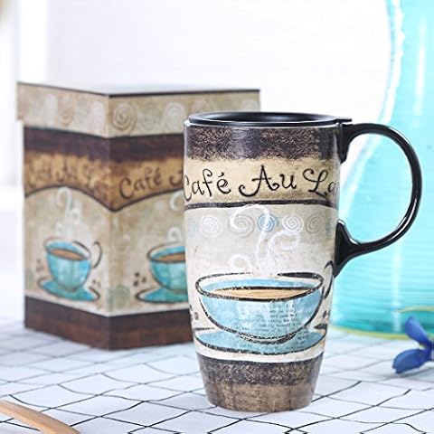 DUSVALLY Coffee Ceramic Mug Porcelain Large Tea Cup with Lid and Gift Box Latte Mug,17oz.Cafe Cover