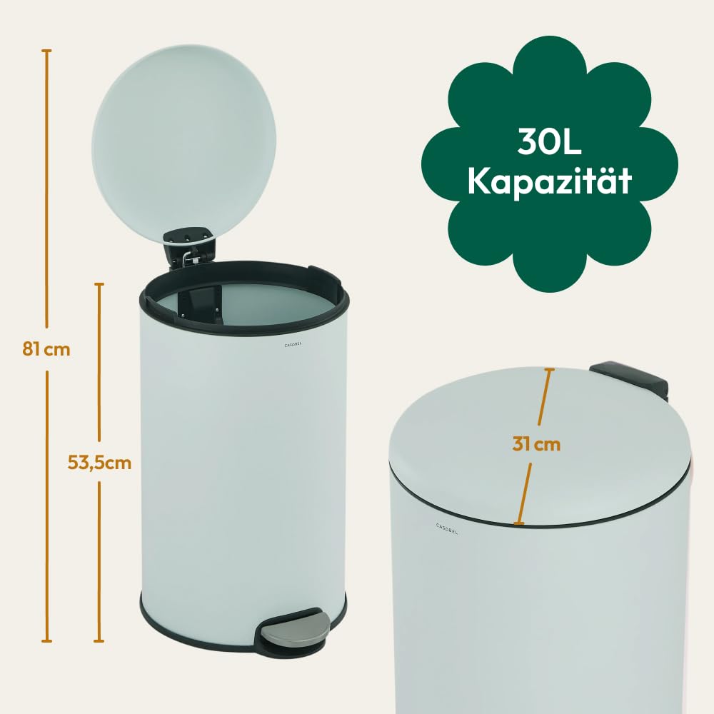 CASABEL Mülleimer Küche 30L, 100% Edelstahl, Resistent gegen Fingerabdrücke, Runder Treteimer mit Fußpedal, Abfalleimer mit Deckel für Bad, Küche, Büro, Mintgrün