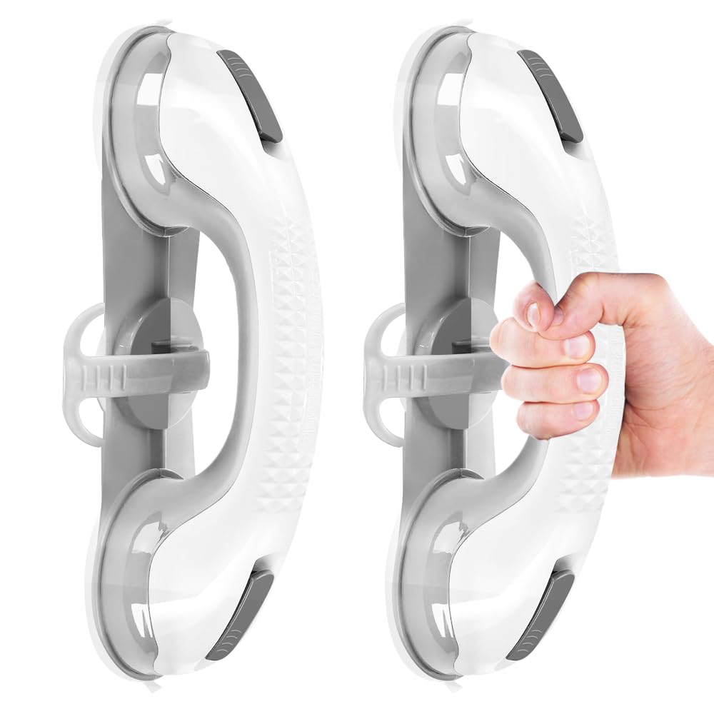 2 Pack Grab Bars for Bathtubs and Showers with 3 Suction Cups, Heavy Duty Handle Removable Handrails for Seniors and Elderly, Bathroom Safety Grip No Drilling Waterproof, Grey (Gray)
