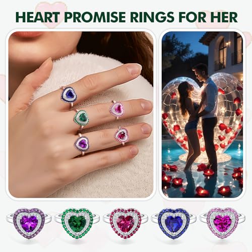 Heart Rings for Women 925 Sterling Silver Promise Ring 3-Layers Created Gemstone Wedding Engagement Rings for Women Size 6 to 103