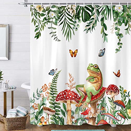 Sage Green Plant Shower Curtain, Retro Mushroom Spring Frog Butterfly Eucalyptus Leaf Aesthetic Bathroom Curtain, Botanical Floral Witchy Decor Shower Curtain Accessories With Hooks 72X72Inch #TOP3