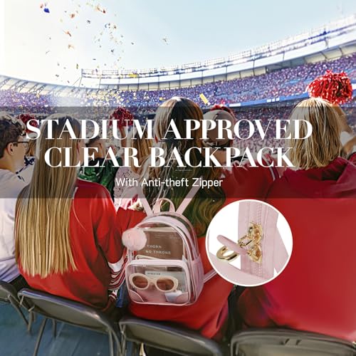 Image of Missnine Small Clear Backpack for Stadium Events Anti-theft Mini Clear Bag for Sport Event Concert with Cute Pom-pom Ball