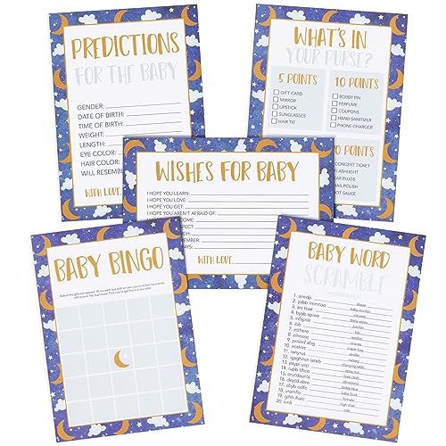 Juvale Moon & Star Theme Baby Shower Party Kit - 5 Activities, 251 Cards for 50 Guests - Space Cloud Baby Shower Card Games & Twinkle Little Star Bingo, Word Scramble Challenge