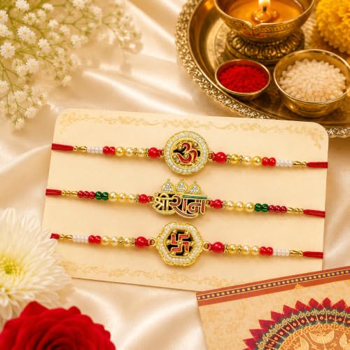 Image of Rakhi set for brother Pack of 3 | Premium Rakhi With Roli, Tilak & Greeting Card (Design-10)