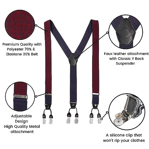 Image of The Tie Hub Tic Tac Toe - Blue /Maroon Clip On Suspenders For Men