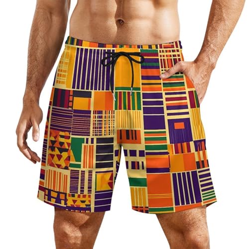 Kente Cloth Pattern Beach Shorts for Men Swim Trunks Quick Dry Swim Shorts with Compression Liner Pocket