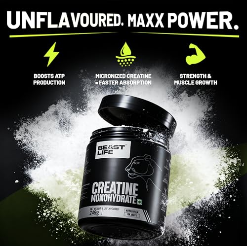 Image of BeastLife Micronised Creatine Monohydrate with Free Shaker | 249g | 83 Servings | Unflavoured | NABL Lab Tested | Rapid Absorption for Muscle Strength & Athletic Performance | Super Micronised Creatine Powder
