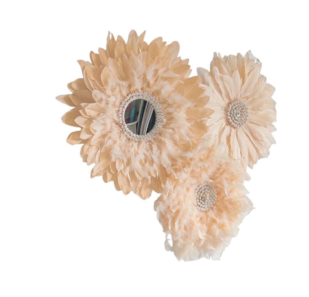 Teinopalpus Home Décor Decorative Hanging Wall Art for Living Room Bedroom Entryway -Handcrafted JUJU HAT - Feather and Mirror and Cowrie Shell Accents with African Design,Orange,3 Pack
