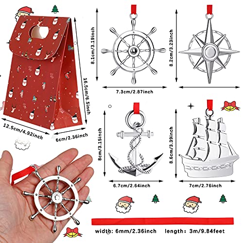 4 Pieces Silver Christmas Tree Ornament Nautical Navy Christmas Ornament Snowflake Elk And Letters Christmas Decor With Red Rope And Christmas Bags (Rudder Style) #TOP1