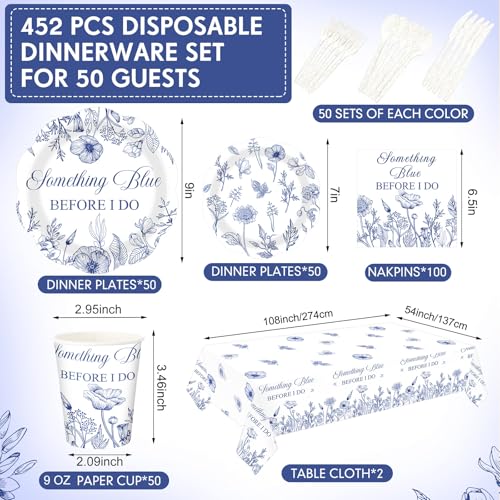 Image of Funnymoom 452 Pcs Something Blue Before I Do Bridal Shower Party Decorations Include Blue and White Floral Paper Plates Napkins Cups Tablecloth Cutlery Straws for Wedding Bridal Shower Party Supplies