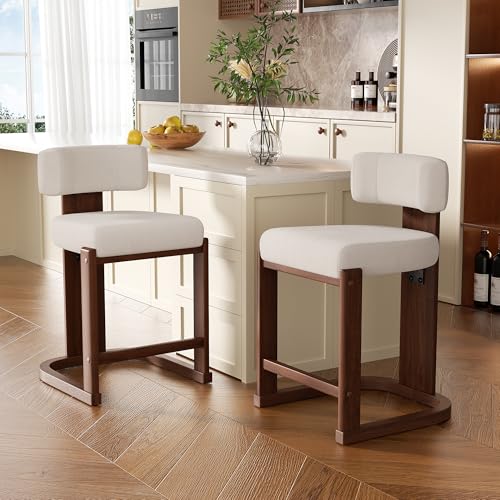 Image of Bar Stools Set of 2, Upholstered Counter Height Bar Stools, Mid Century Modern Counter Stools with Curved Backrest, Solid Wood Legs, 26 inch Bar Chairs for Kitchen Island Bar, Beige