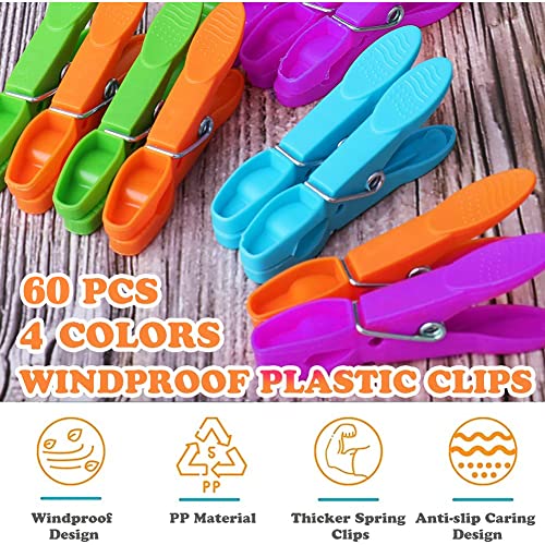 lohey 60 Pack Clothes Pegs for Washing Line, Non Slip Washing Pegs Strong with Durable Spring, 4 Colors Plastic Laundry Pegs for Home Garden Indoor & Outdoor