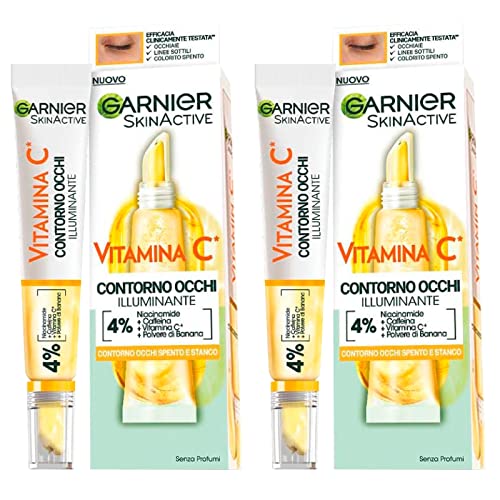 Garnier SkinActive Vitamina C Crema Iluminadora para Contorno de Ojos para Ojos Apagados y Cansados ​​Fórmula Vegana con Niacinamida Cafeína y Plátano en Polvo - 2 Botellas de 15ml