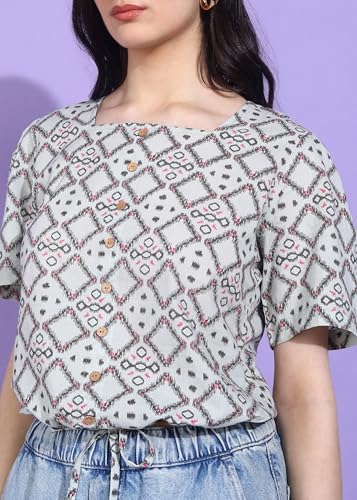 Image of Yash Gallery Women's Cotton Geometrical Print Waist Lengtth Square Neck Short Sleeves Regular Fitted Top