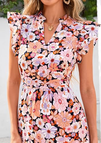 Image of PRETTYGARDEN Women's 2026 Summer Floral Midi Dress Cap Sleeve V Neck Ruffle Long Flowy Boho Casual Beach Vacation Dresses
