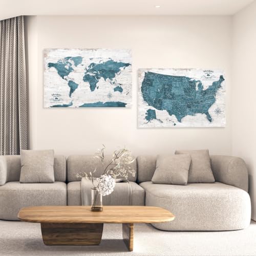 Image of IPIC Vintage Teal World Maps for Wall, World Map Canvas, Size 42x28 in