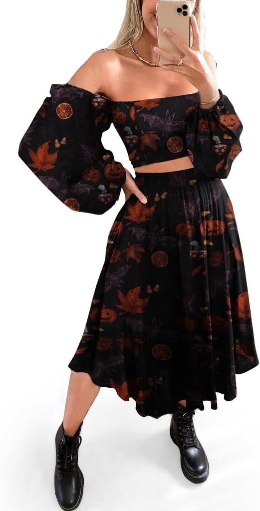 Women Two Piece Midi Skirt Set Halloween Pumpkin Ghost Outfits Casual Strapless Long Sleeve Matching Gothic Dress