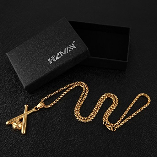 Hzman Baseball And Baseball Bat Cross Sports Stainless Steel Pendant Necklace 24'' Chain (Gold) #TOP5