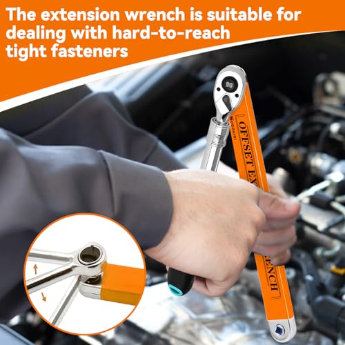 Image of Offset Extension Wrench, 15-Inch Offset Impact-Ready Socket Wrench Tool with 1 /2 inch, 1 /4 inch and 3 /8 inch Square Drive Adapters, Zero Degree Ratchet Tool for Car, Orange