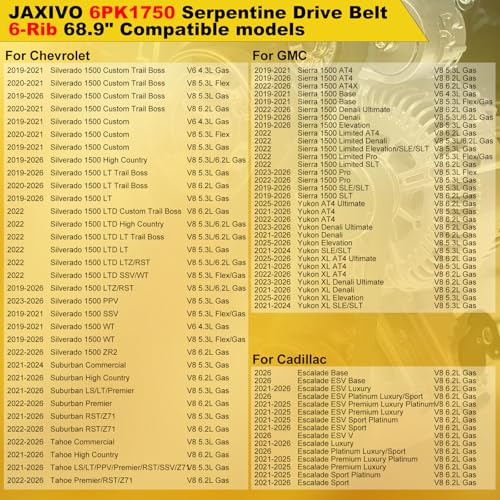 Image of 12669858 Serpentine Belt V-Ribbed Drive Belt Compatible with 19-26 Silverado /Sierra 1500 V8 5.3L 6.2L,21-26 Tahoe Suburban Escalade ESV Yukon XL V8 6.2L,Replace 6PK1750