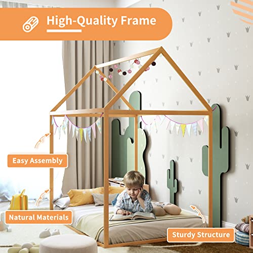 Linor House Bed Frame Floor Height Platform Bed,Wood Floor Bed Frame For Kids,Toddlers House Floor Bed With Roof And Slat,Bed With Headboard & Footboard For Children Boys Girls Teens (Wood, Full) #TOP3