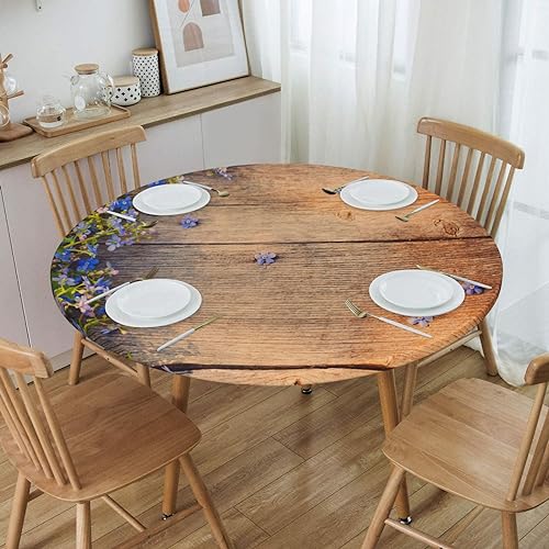 Spring Flowers On Wooden Elastic Fitted Edged Round Tablecloth Waterproof Soft Polyester Table Cloth Washable, for Banquet Home Indoor or Outdoor, Tablecloth Size 54"(Fit for 42.2"-46.1" Table) by JRMRNEI - Used condition - Image 4