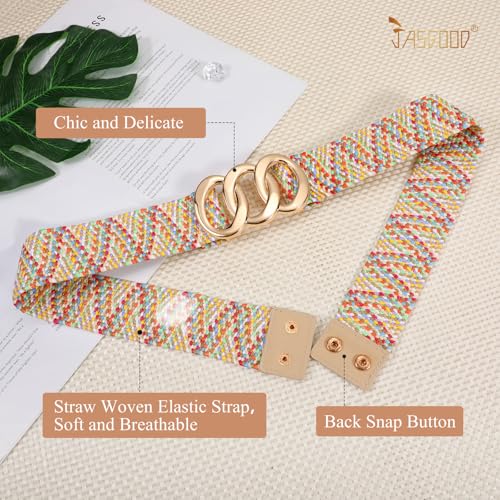 JASGOOD Wide Straw Woven Stretchy Belt for Women Boho Braided Elastic Dress Waist Belt for Ladies,Multicolor3