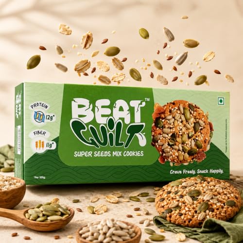 Image of BEAT GUILT Super Seeds Mix Cookies | 12g Protein, 11g Fibre per 100g | No Maida, Sweetened with Jaggery | Atta, Oats, Ragi, Sesame & Muskmelon Seeds | Under 100 Kcal Each | Pack of 3, 342g