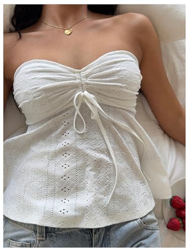 Milumia Women's Eyelet Embroidery Tie Front Ruched Bandeau Tube Top Strapless Flared Peplum Tank Tops4