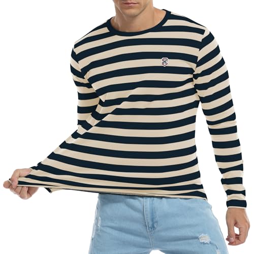 Image of KESIHAN Men's Casual Striped Shirts Crewneck Long Sleeve Basic T-Shirt Basic Daily Work Stripe Tee Tops