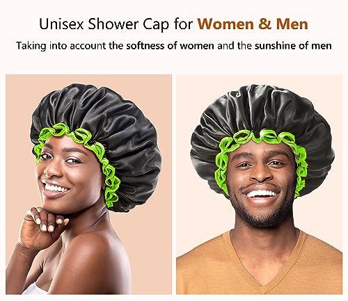 mikimini Large Black Shower Cap for Women and Men Reusable Waterproof XL Shower Hats for Thick Long Hair Black Bath Caps with Green Edge - Image 2
