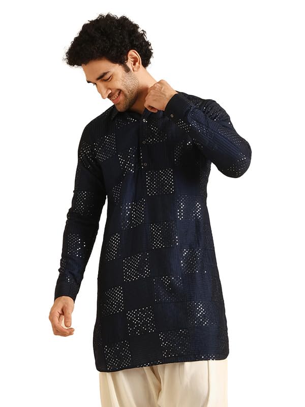 Kisah Men's Kurta, Navy Blue Cotton Blend, Embellished Regular Fit Mandarin Collar Long Sleeves (42)