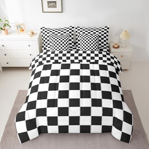Image of Erosebridal 7 Piece Black Grid Full Comforter Set with Sheets Black and White Checkered Bedding Set Reversible Farmhouse Buffalo Plaid Bed in A Bag for Kids Boys Teen Bedroom,Gingham Bed Sets