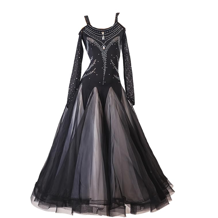 Hynyjxjy ,Negro,L, Vestidos De Baile De Salón para Mujer Conjunto De Baile De Vals con Espalda Descubierta Traje De Baile De Tango con Amplia Falda De Tul Ropa De Baile Flamenco con Pedrería